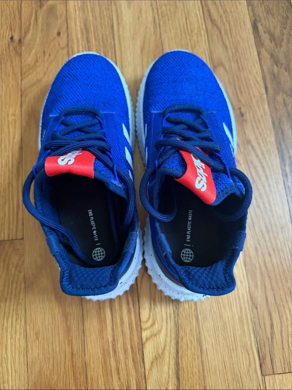 adidas Kids Royal Blue Sneakers with White Stripes and Red Tongue Tab